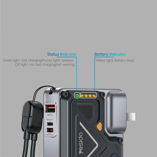 Batería Externa Yesido YP89, 10000mAh, 22.5W, QC + PD + FQI, 1 x Lightning - 1 x QI - 1 x USB-A - 1 x USB-C, Gris