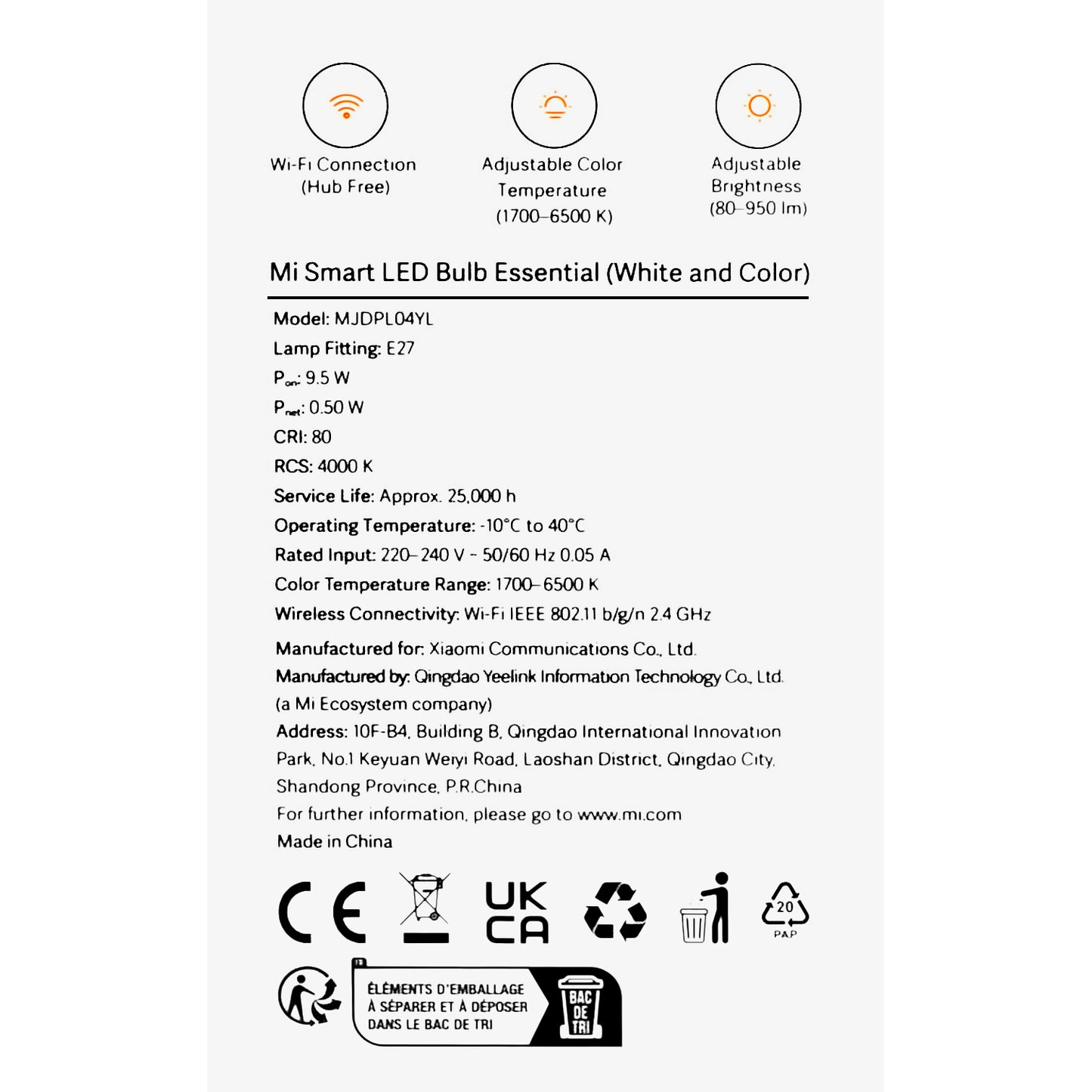 Xiaomi Essential Bombilla LED, Wi-Fi, E27, 9W, 1700K - 6500K, 950lm BHR5743EU BHR5743EU 