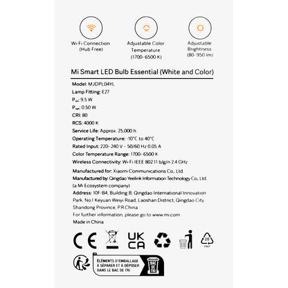 Xiaomi Essential Bombilla LED, Wi-Fi, E27, 9W, 1700K - 6500K, 950lm BHR5743EU BHR5743EU 