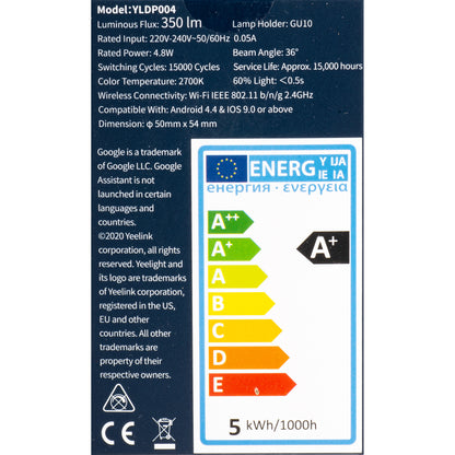 Bombilla LED Yeelight W1, Wi-Fi, GU10, 4.8W, 2700K, 350lm YLDP004