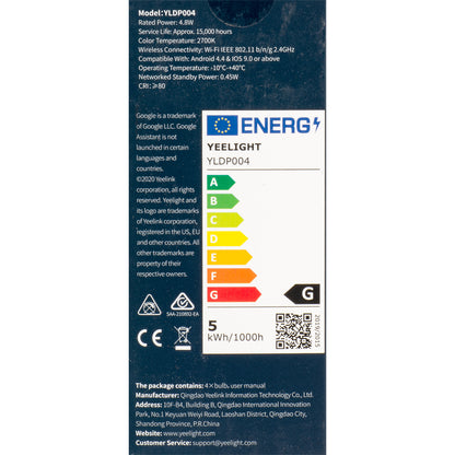 Bombilla LED Yeelight W1, Wi-Fi, GU10, 4.8W, 2700K, 350lm, Set 4 piezas YLDP004