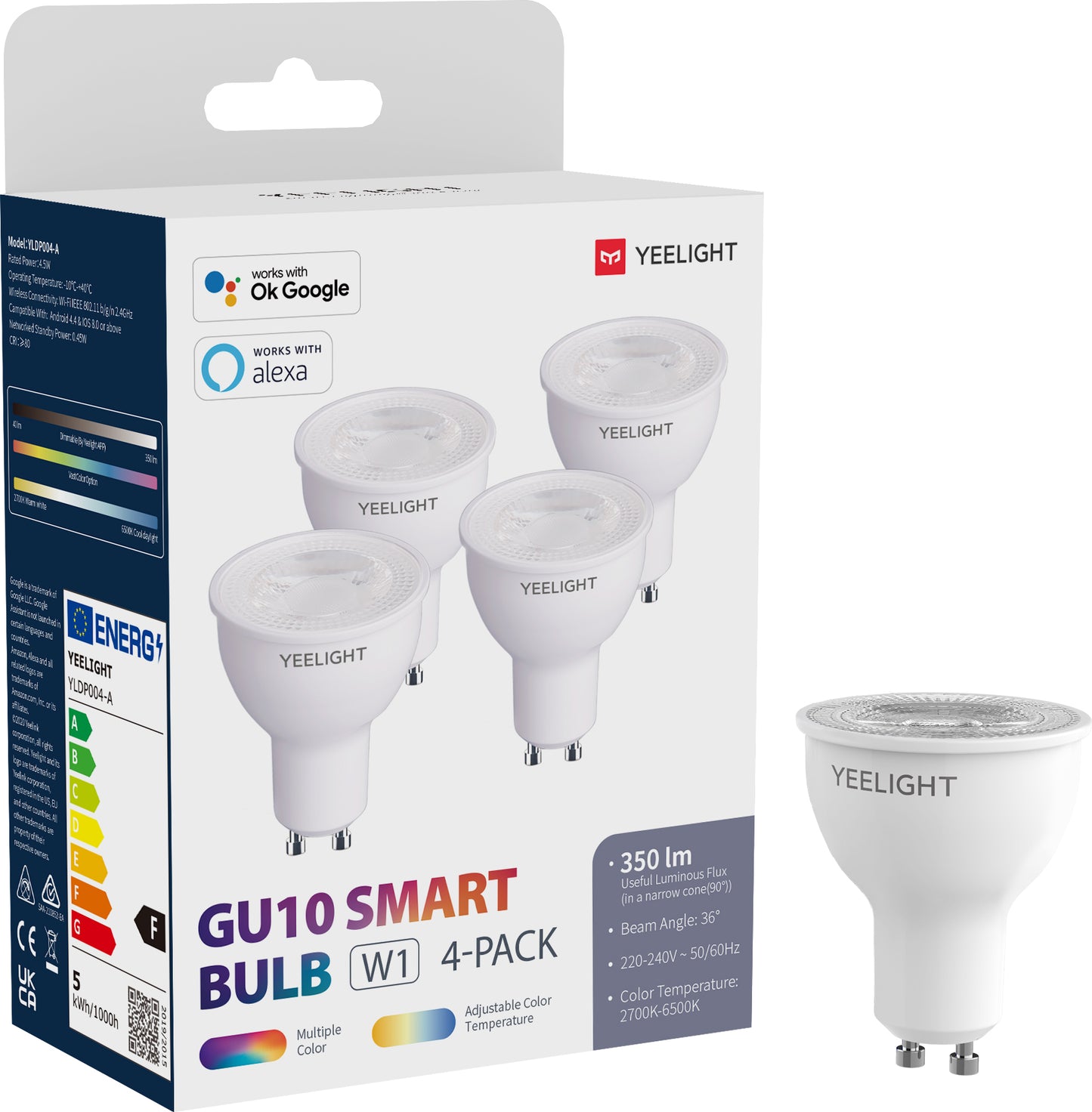 Bombilla LED Yeelight W1, Wi-Fi, GU10, 4.5W, 2700K - 6500K, 350lm, Set 4 piezas, Multicolor YLDP004-A