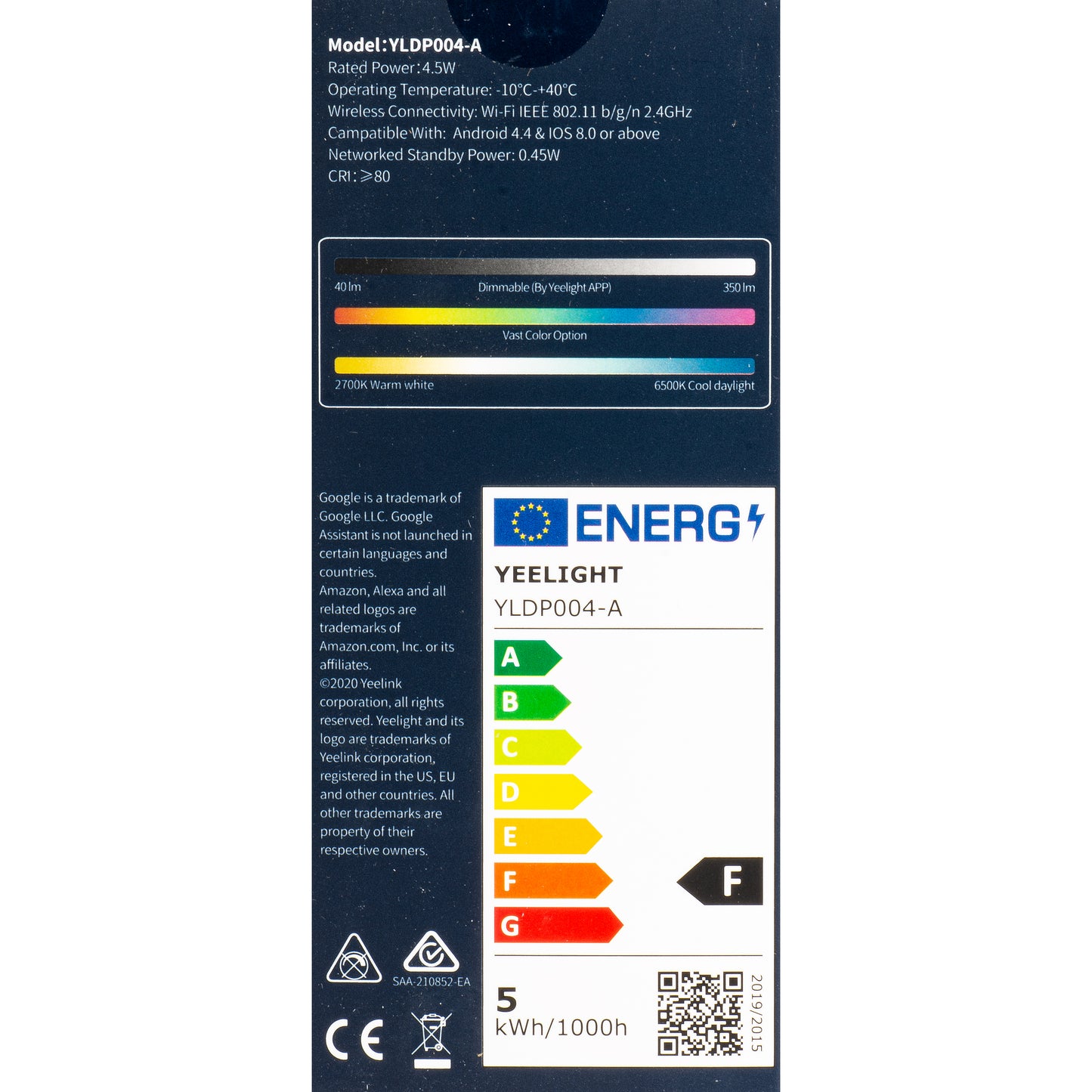 Bombilla LED Yeelight W1, Wi-Fi, GU10, 4.5W, 2700K - 6500K, 350lm, Set 4 piezas, Multicolor YLDP004-A