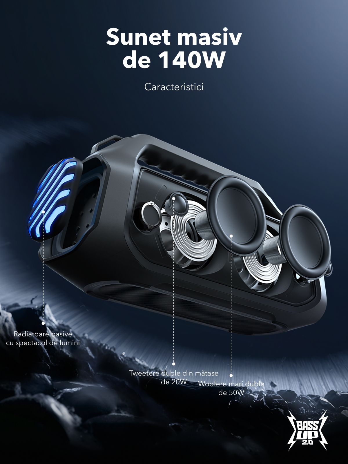Altavoz portátil Bluetooth Anker SoundCore Boom 2 Plus Nueva Versión, 140W, TWS, RGB, Resistente al agua, Negro A3134012