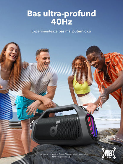 Altavoz portátil Bluetooth Anker SoundCore Boom 2 Plus Nueva Versión, 140W, TWS, RGB, Resistente al agua, Negro A3134012