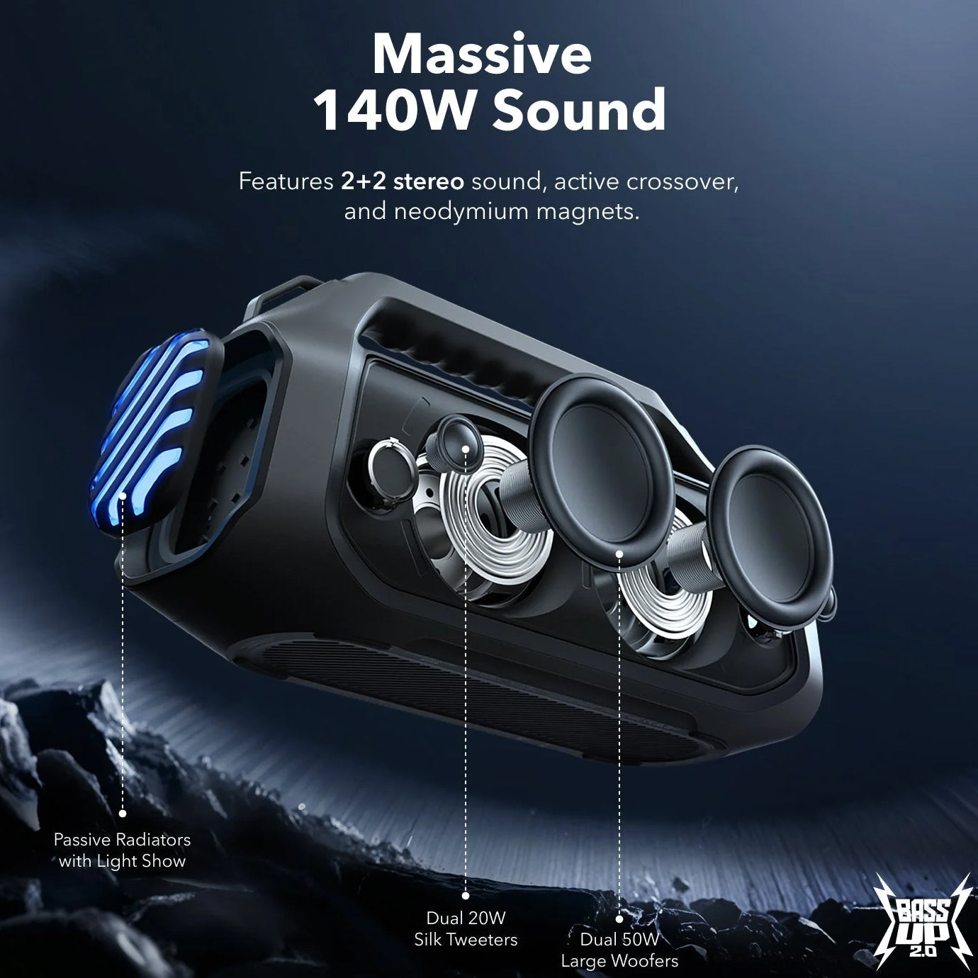 Altavoz Portátil Bluetooth Anker SoundCore Boom 2 Plus, 140W, TWS, RGB, Impermeable, Negro A3134011