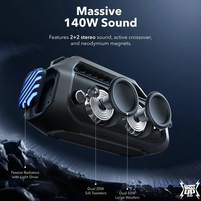 Altavoz Portátil Bluetooth Anker SoundCore Boom 2 Plus, 140W, TWS, RGB, Impermeable, Negro A3134011