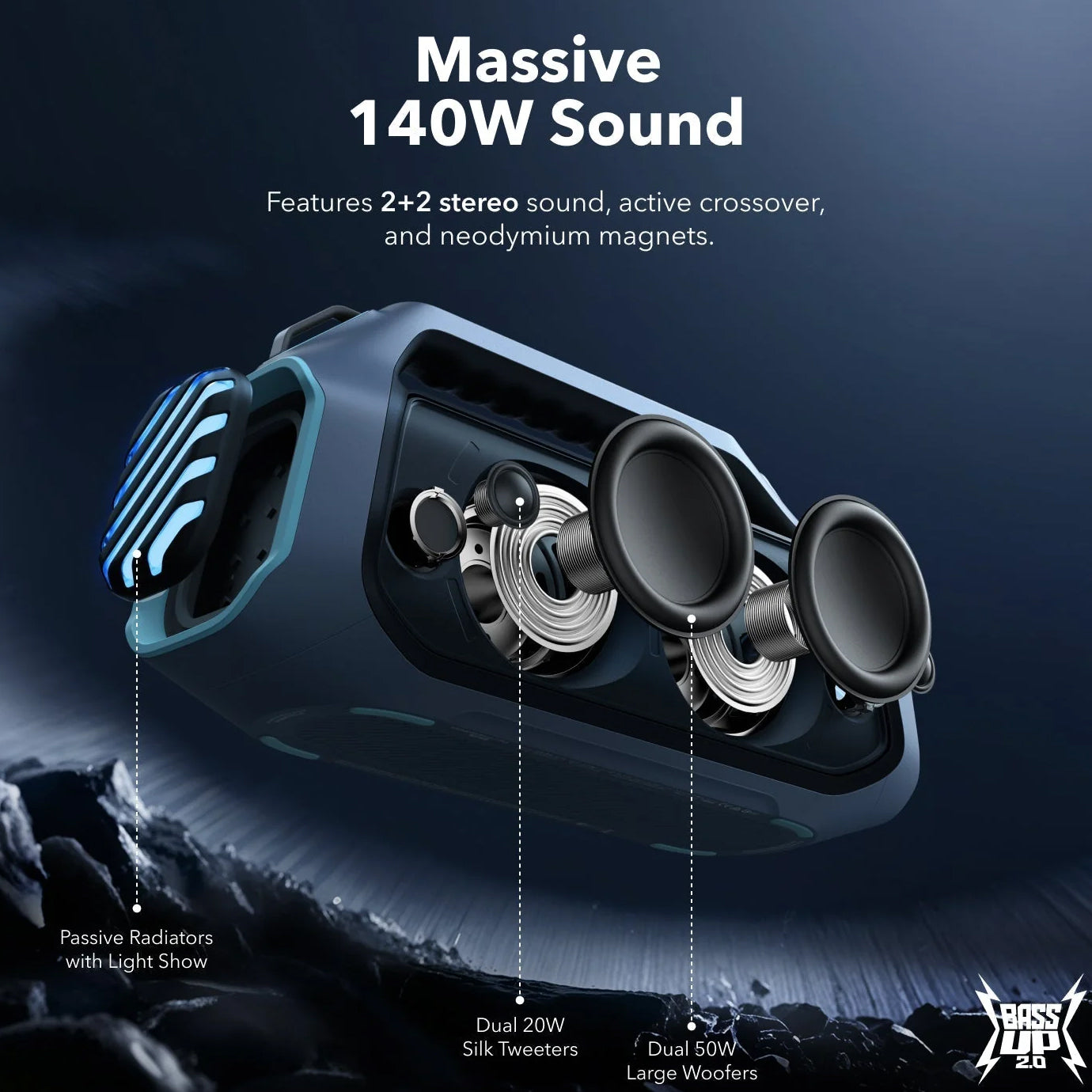 Altavoz portátil Bluetooth Anker Soundcore Boom 2 Plus, 140W, RGB, resistente al agua, azul A3134031 