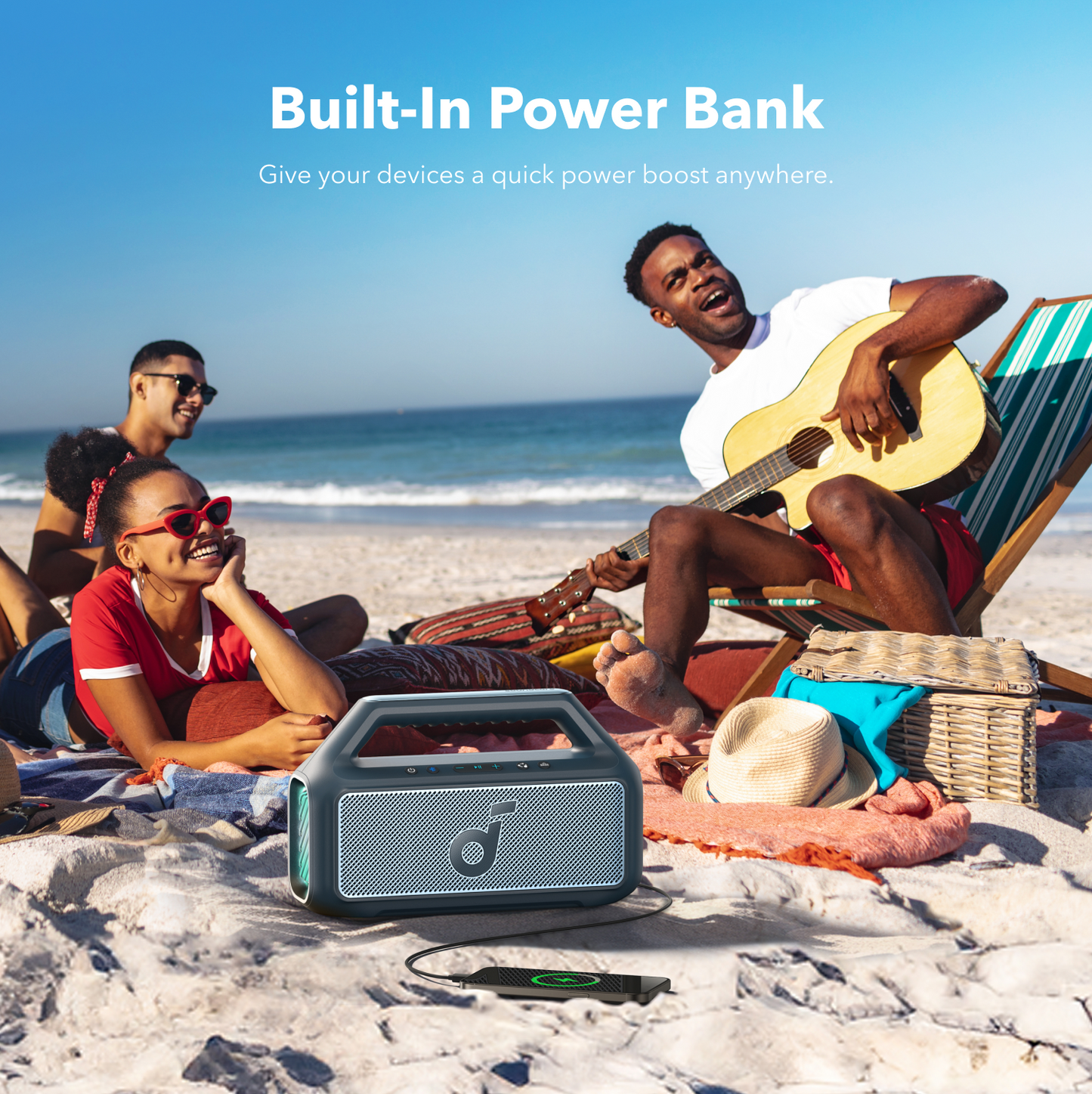 Altavoz portátil Bluetooth Anker SoundCore Boom 2 Nueva Versión, 80W, TWS, RGB, Resistente al agua, Azul A3138032