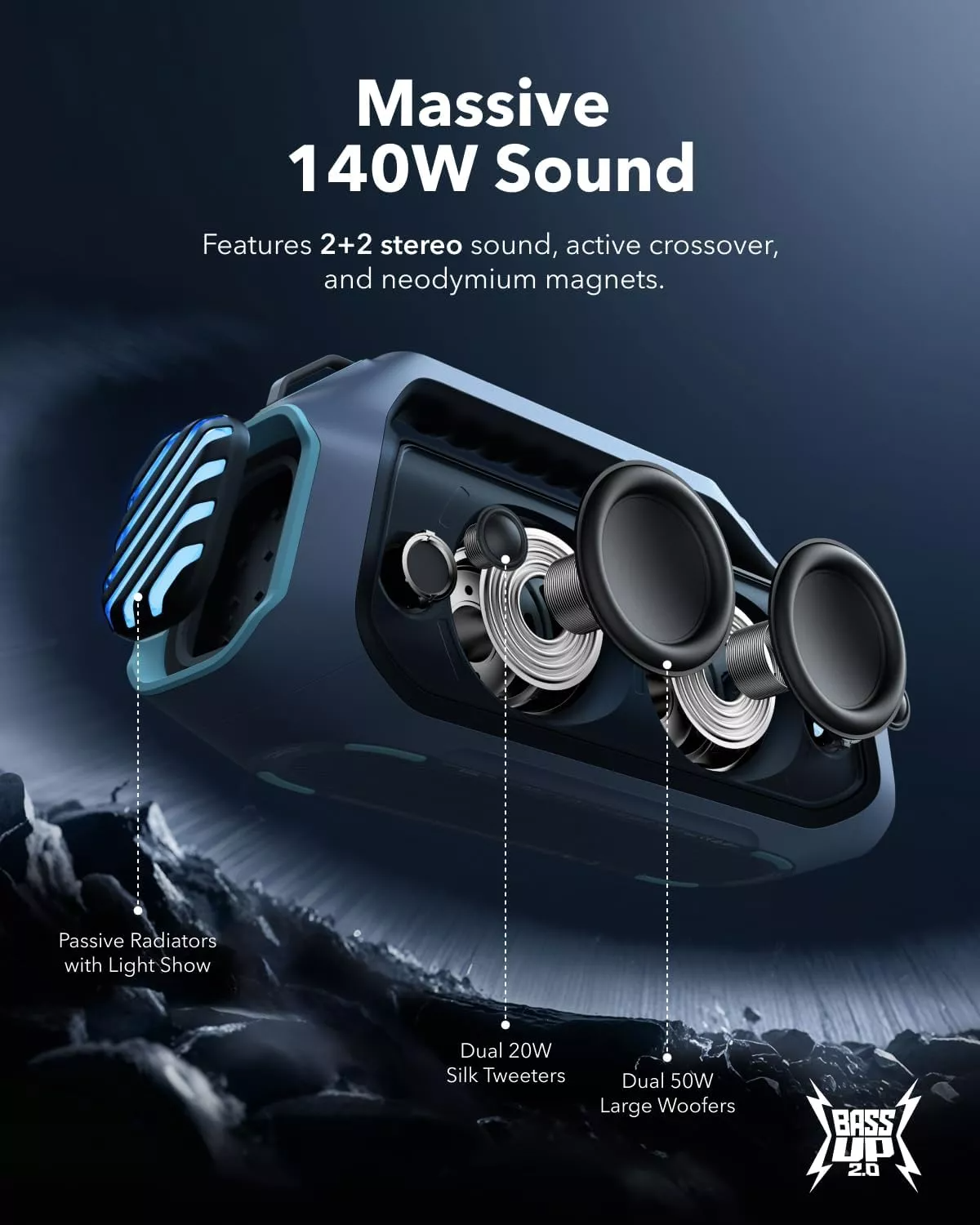 Altavoz portátil Bluetooth Anker SoundCore Boom 2 Plus Nueva Versión, 140W, TWS, RGB, Resistente al agua, Azul A3134032