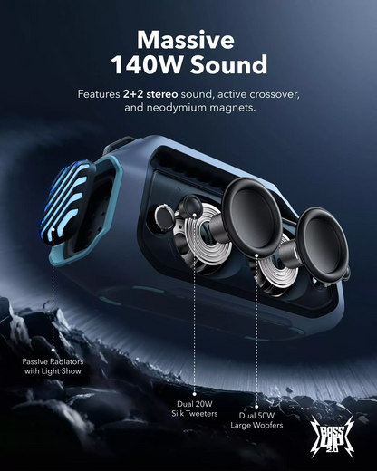 Altavoz portátil Bluetooth Anker SoundCore Boom 2 Plus Nueva Versión, 140W, TWS, RGB, Resistente al agua, Azul A3134032