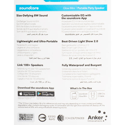 Altavoz Bluetooth Portátil Anker SoundCore Glow Mini, 8W, RGB, Impermeable, Negro A3136G11 