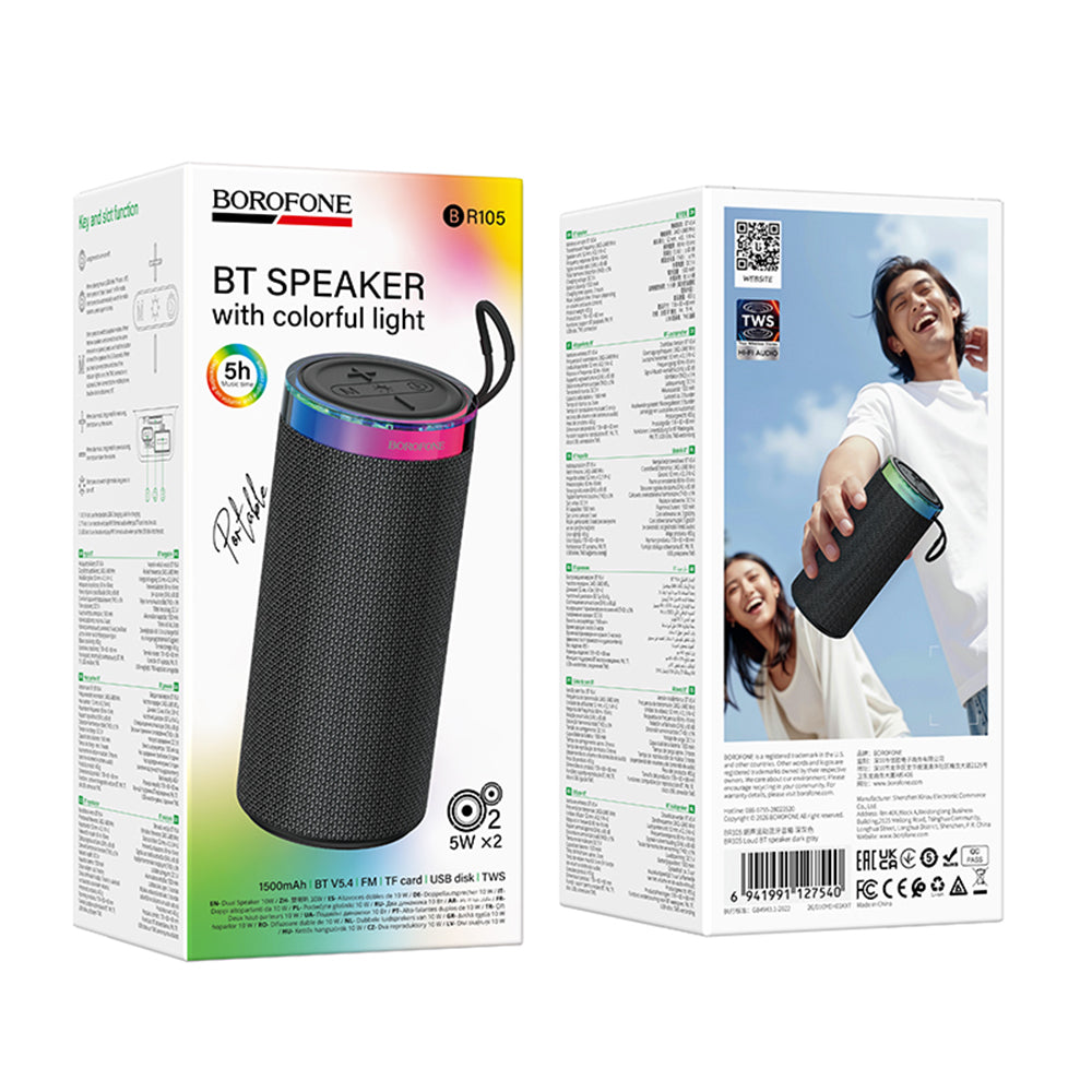 Altavoz portátil Bluetooth Borofone BR105 Loud, 10W, TWS, RGB, Gris