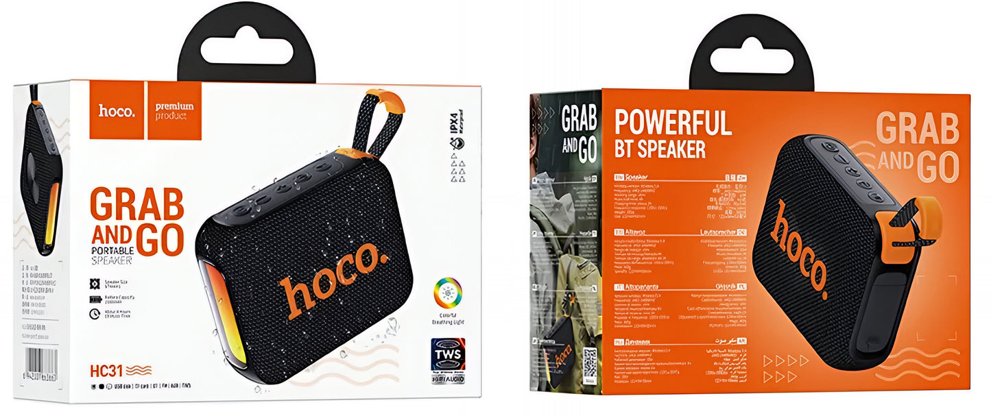 Altavoz Portátil Bluetooth HOCO HC31, 10W, TWS, RGB, Impermeable, Negro