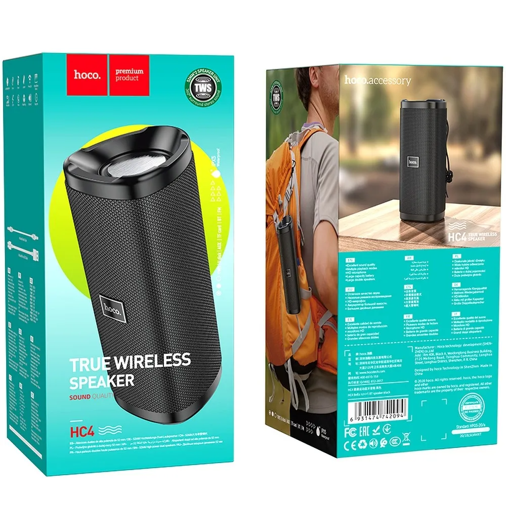 Altavoz Portátil Bluetooth HOCO HC4 Bella Sport, 10W, TWS, Impermeable, Negro