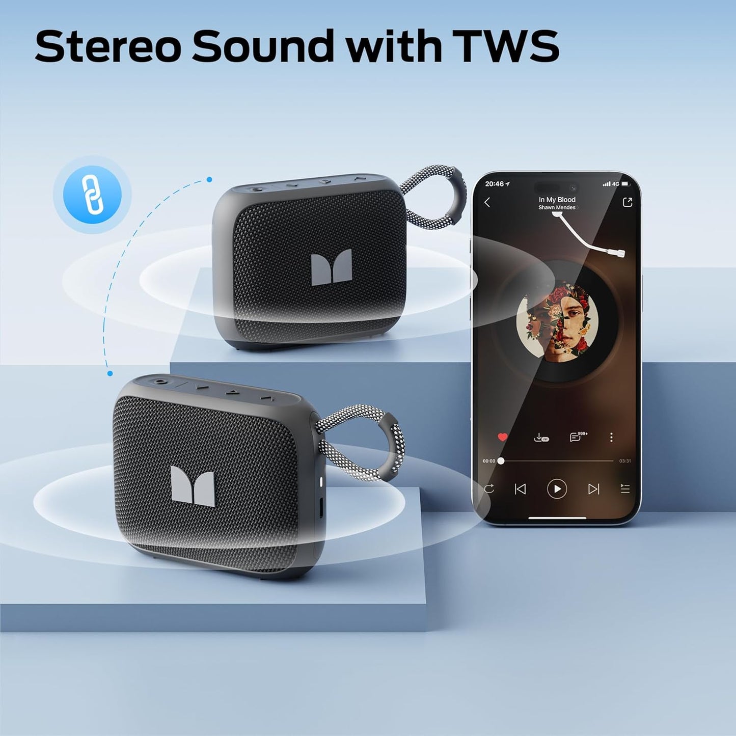 Altavoz portátil Bluetooth Monster S520, 5W, TWS, RGB, impermeable, negro