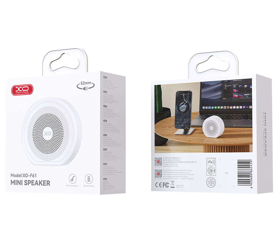 XO Design F61 Portable Bluetooth Speaker, 3W, TWS, White