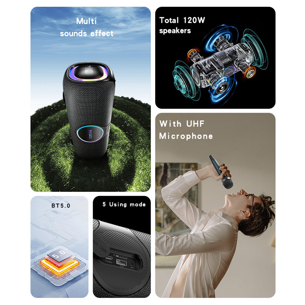Altavoz Bluetooth Yesido YSW21 Karaoke, 120W, RGB, Impermeable, Negro
