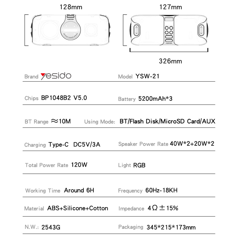 Altavoz Bluetooth Yesido YSW21 Karaoke, 120W, RGB, Impermeable, Negro
