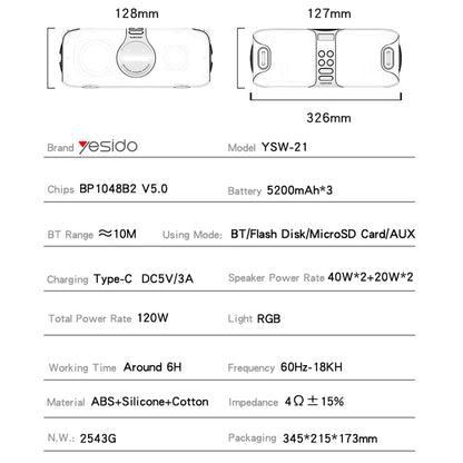 Altavoz Bluetooth Yesido YSW21 Karaoke, 120W, RGB, Impermeable, Negro