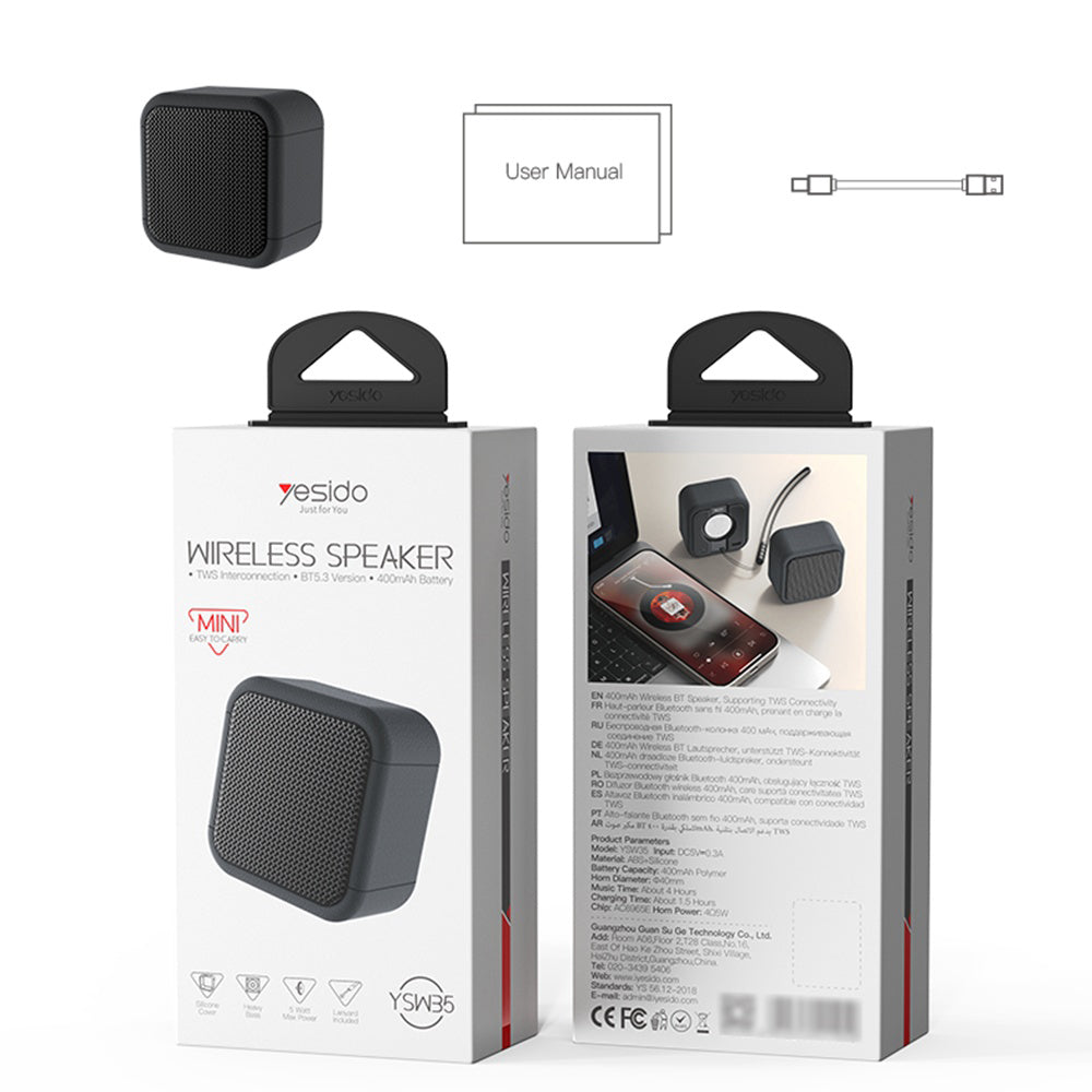 Altavoz Portátil Bluetooth Yesido YSW35, 5W, TWS, Impermeable, Negro