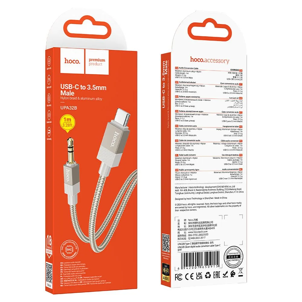 Cable de Audio USB-C - 3.5mm HOCO UPA32B, 1m, Dorado