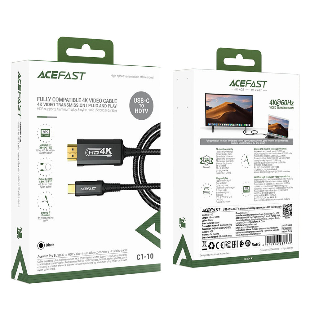 Cable de Audio y Video USB-C - HDMI Acefast C1-10, 1.8m, Negro