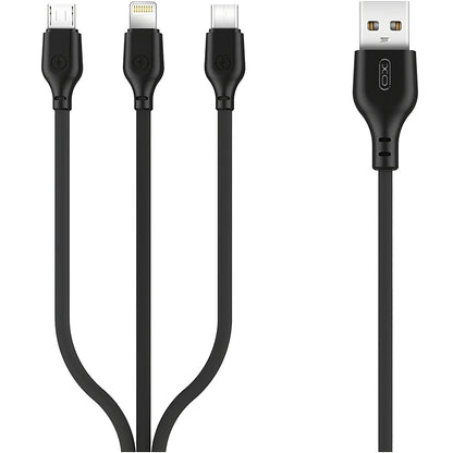 Cable de Carga USB-A - Lightning / microUSB / USB-C XO Design NB103 3en1, 10W, 1m, Negro