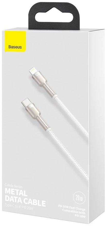 Cable de carga y datos USB-C - Lightning Baseus Cafule Metal Series, 20W, 1m, Blanco CATLJK-A02