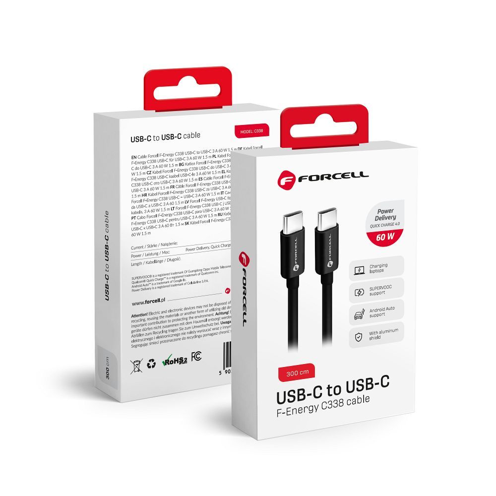 Cable de carga y datos USB-C - USB-C Forcell F-Energy C338, 60W, 3m, Negro 