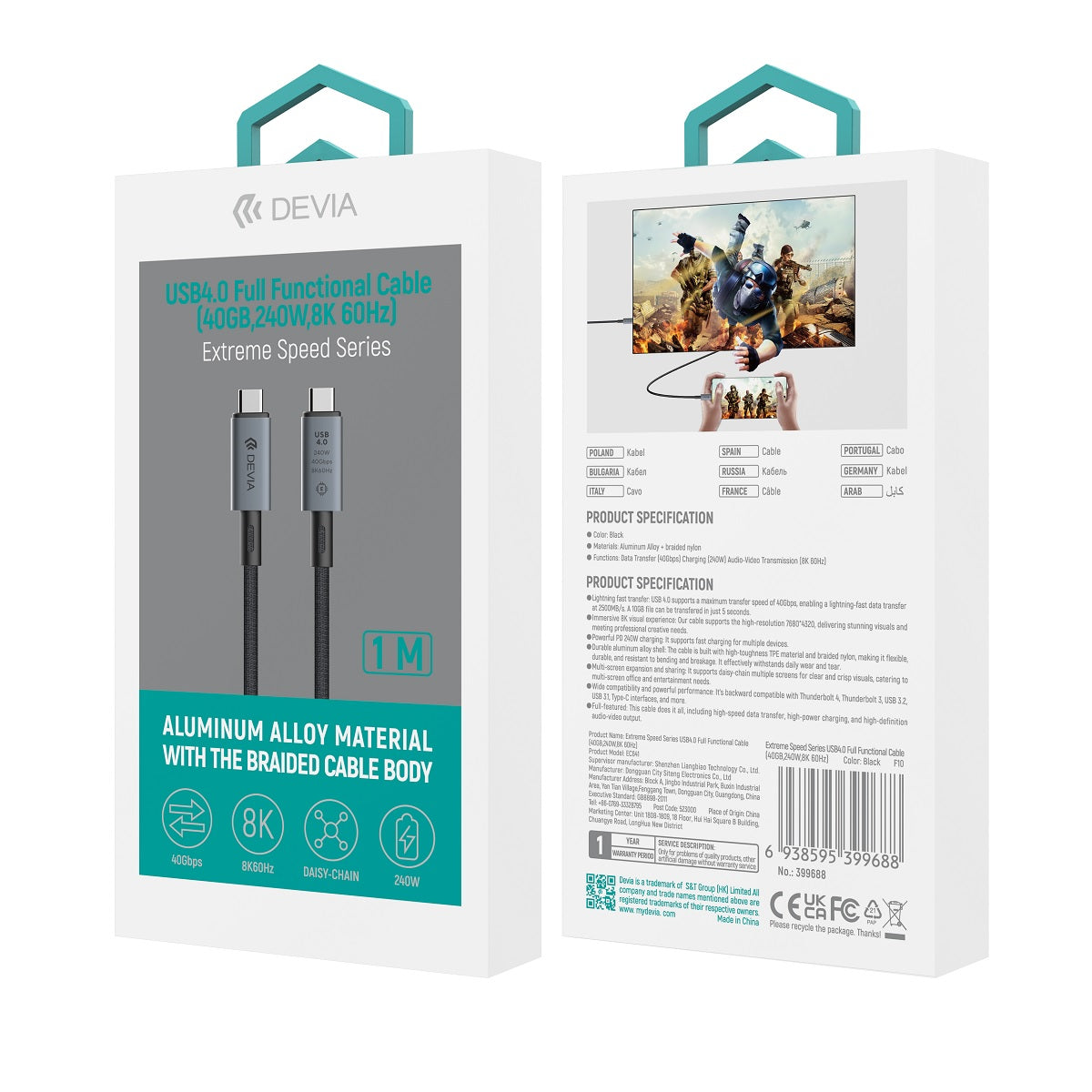Cable de Datos y Carga USB-C - USB-C DEVIA EC641, 240W, 1m, Negro