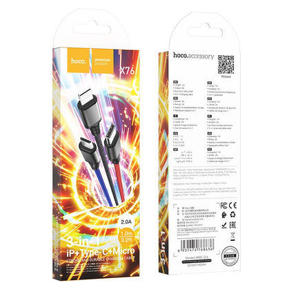 Cable de carga USB-A - Lightning / microUSB / USB-C HOCO X76 3en1, 18W, 1m, Multicolor