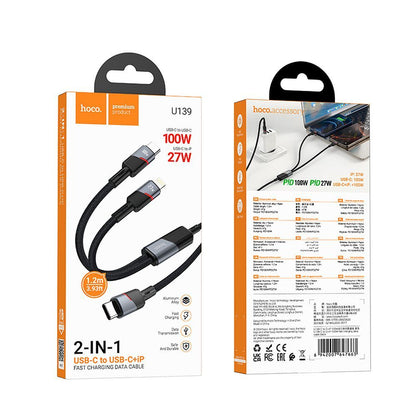 USB-C - Lightning / USB-C HOCO U139 2in1 Data and Charging Cable, 100W, 1.2m, Black