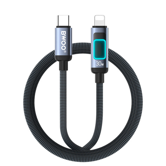Cable de Datos y Carga USB-C - Lightning BWOO X324CL Display, 30W, 1m, Negro