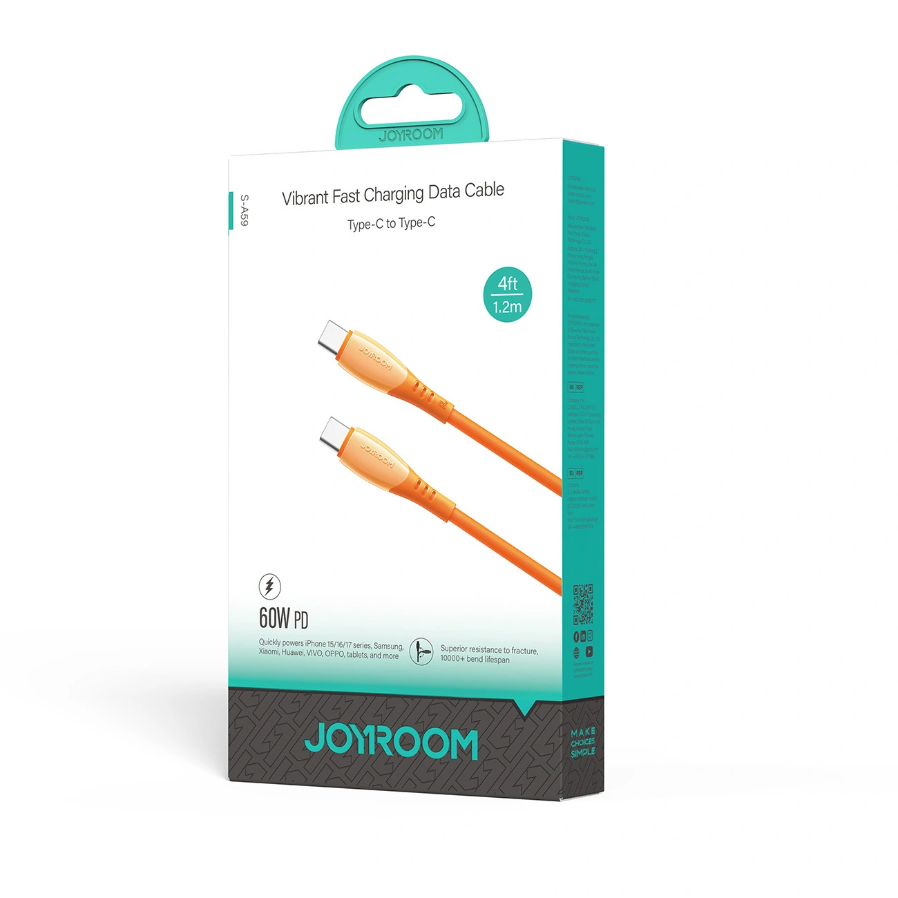 Cable de Datos y Carga USB-C - USB-C Joyroom S-A59 Vibrant, 60W, 1.2m, Naranja
