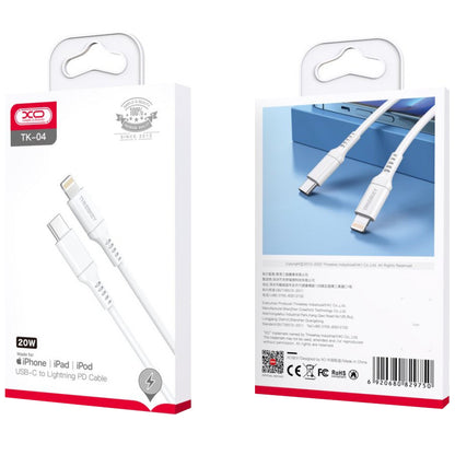 Cable de carga y datos USB-C - Lightning XO Design TK04, 20 W, 1 m, blanco