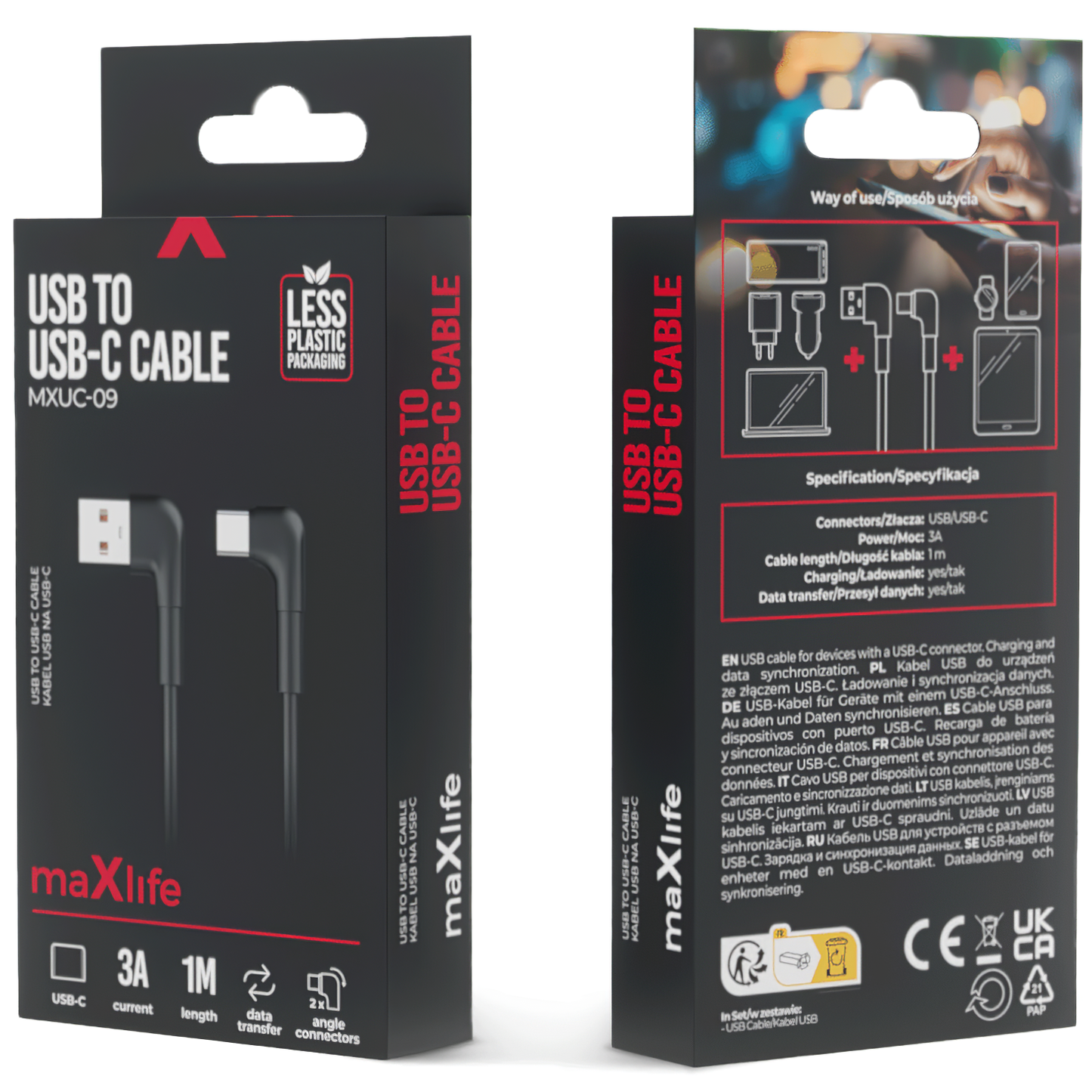 USB-A a USB-C MaXlife MXUC-09 en ángulo, 60 W, 1 m, negro 