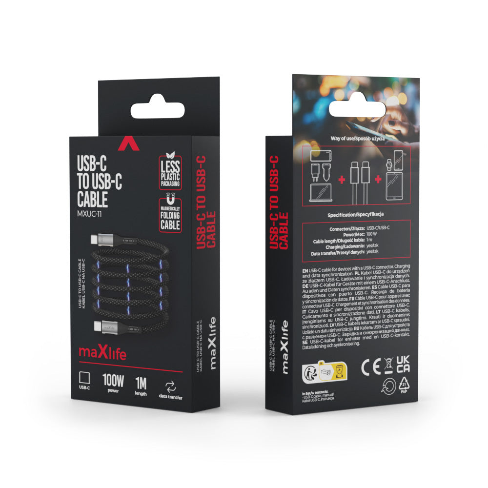 Cable de Datos y Carga USB-C - USB-C MaXlife MXUC-11 Magnético, 100W, 1m, Negro