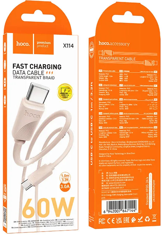 Cable de Datos y Carga USB-C - USB-C HOCO X114, 60W, 1m, Rosa