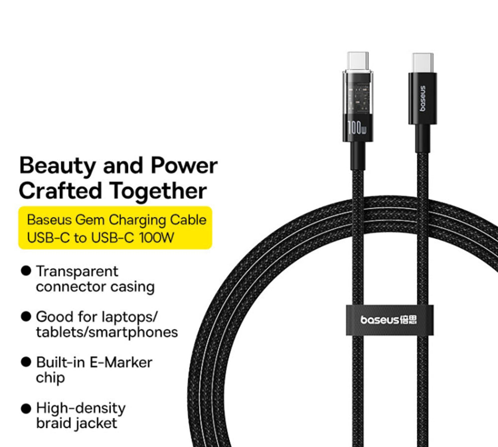 Cable de Datos y Carga USB-C - USB-C Baseus Gem, 100W, 2m, Negro P10373000111-01