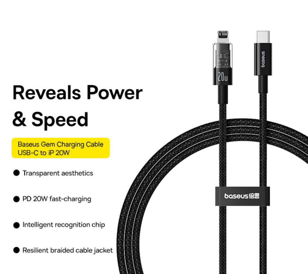 Cable de Datos y Carga USB-C - Lightning Baseus Gem, 20W, 2m, Negro P10373001111-01