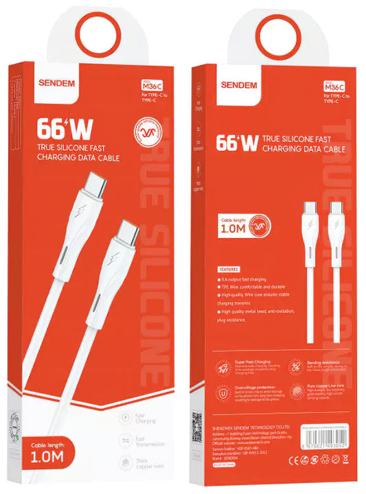 Cable de Datos y Carga USB-C - USB-C Sendem M36C, 66W, 1m, Blanco