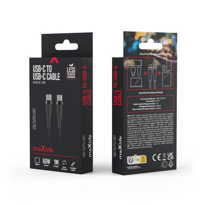 Cable de Datos y Carga USB-C - USB-C MaXlife MXUC-08, 60W, 1m, Negro