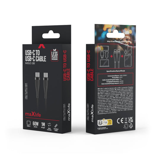 Cable de Datos y Carga USB-C - USB-C MaXlife MXUC-08, 60W, 1m, Negro