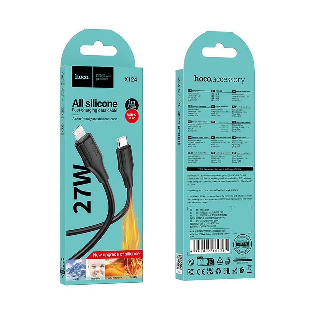 Cable de Datos y Carga USB-C - Lightning HOCO X124, 27W, 1m, Negro