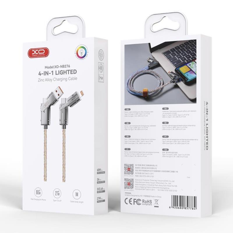 Cable de Datos y Carga USB-C / USB-A - USB-C / Lightning XO Design NB276, 60W, 1m, Gris
