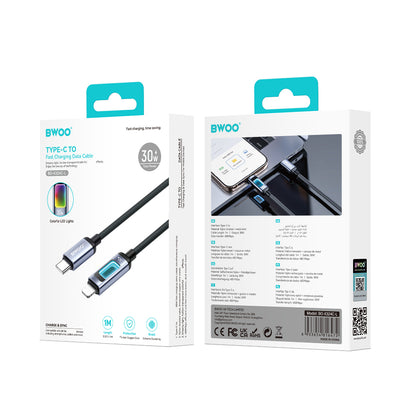 Cable de Datos y Carga USB-C - Lightning BWOO X324CL Display, 30W, 1m, Negro