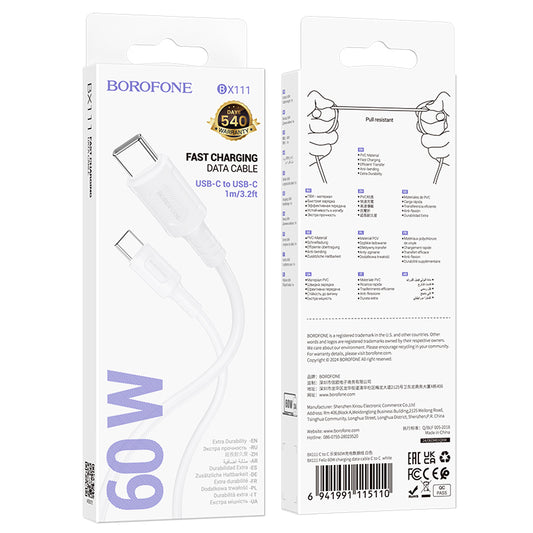 Cable de carga y datos USB-C - USB-C Borofone BX111 Feliz, 60W, 1m, Blanco 