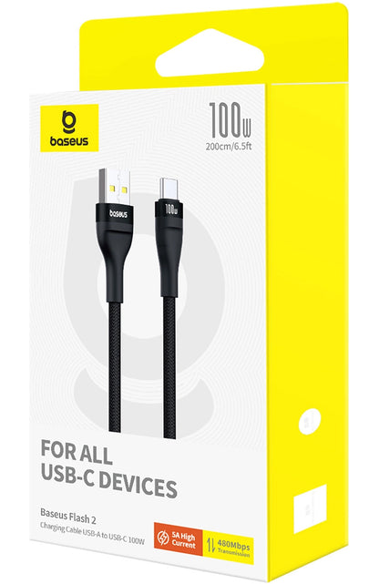Cable de Datos y Carga USB-A - USB-C Baseus Flash Series II, 100W, 2m, Negro P10311804111-01