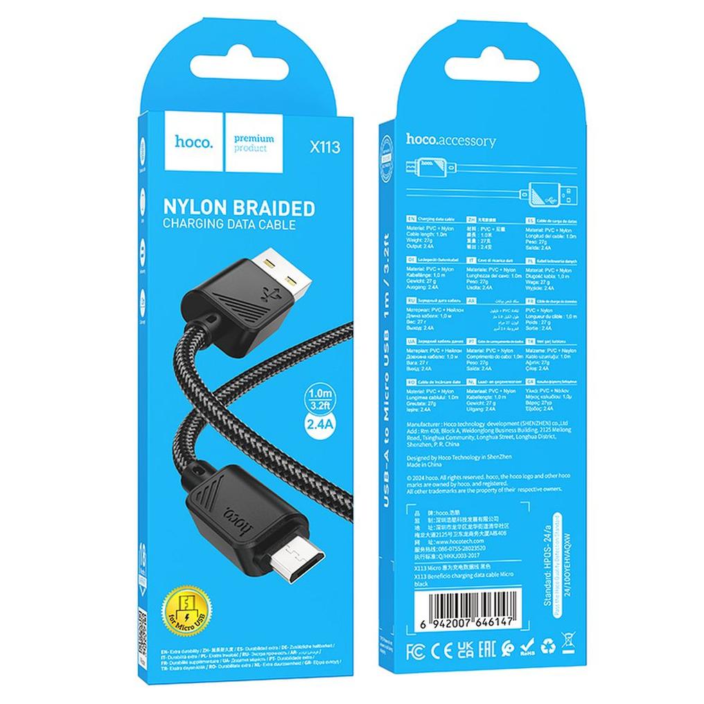 Cable de Datos y Carga USB-A - microUSB HOCO X113, 18W, 1m, Negro